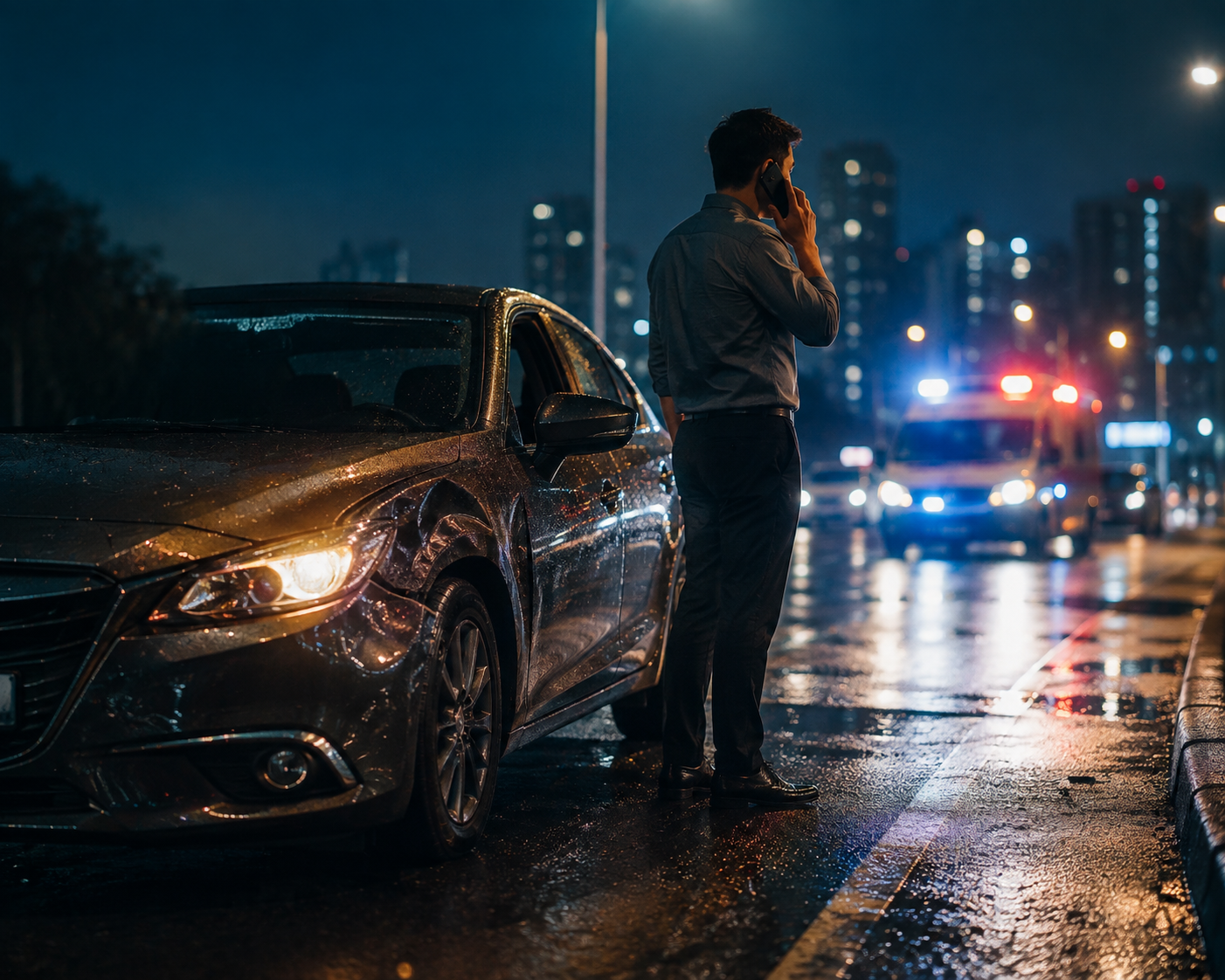 A driver on the phone beside his car on a wet city road at night, with an ambulance attending in the background.